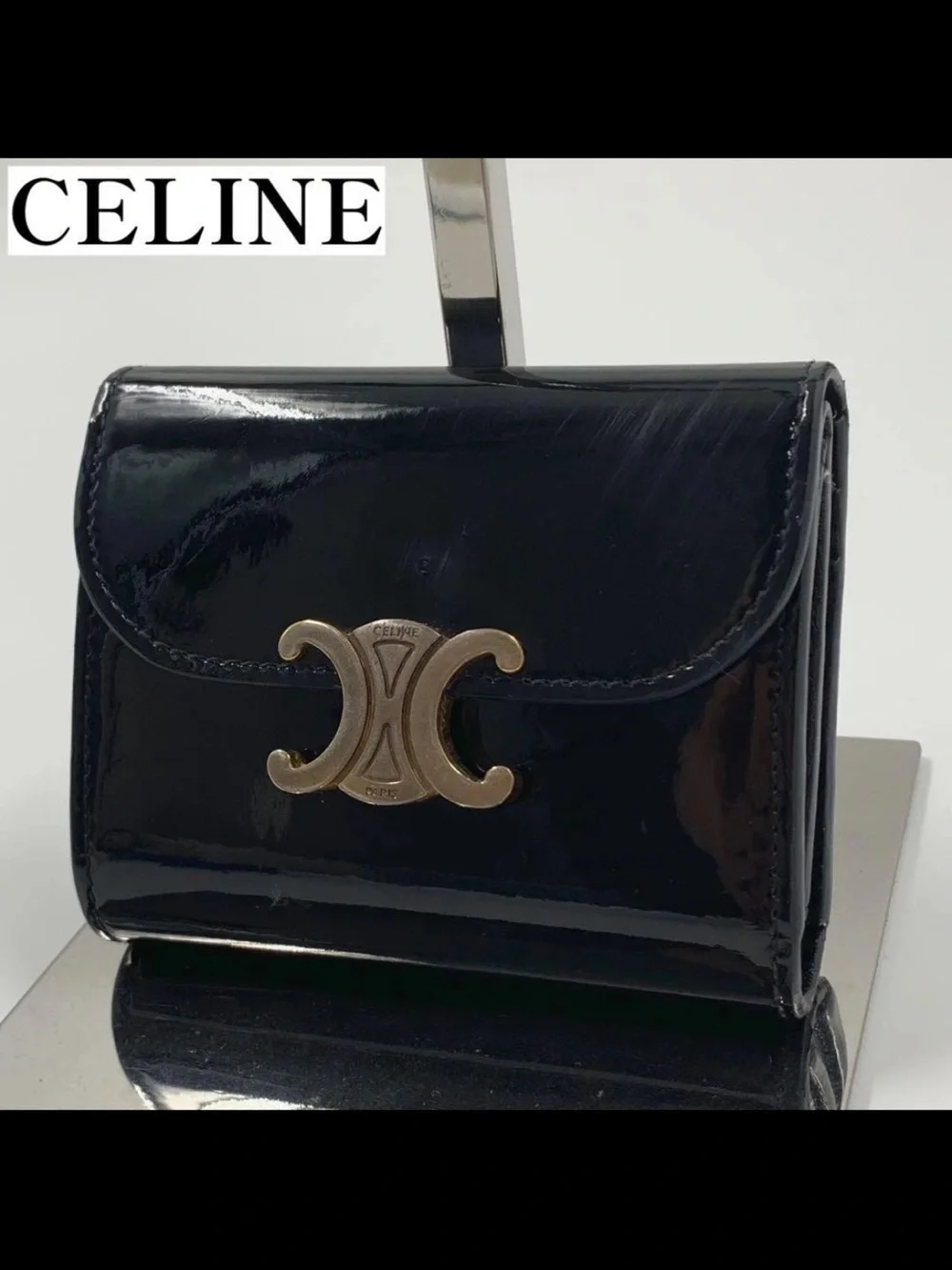 CELINE Black Patent Leather Small Wallet with Triomphe Logo